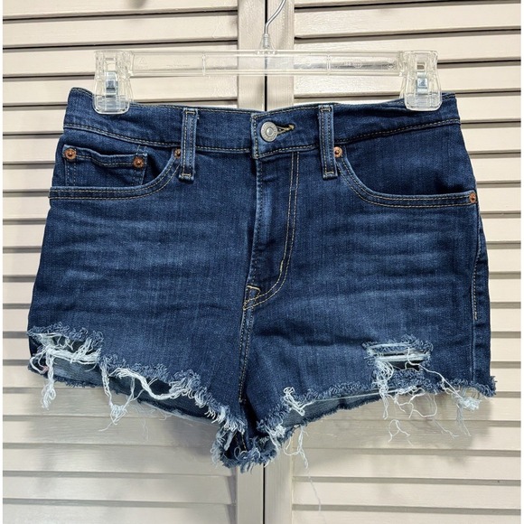 Levi's Denim Jean Shorts Med Wash Size 27 Booty Mid Rise Raw Hem Zip Pockets‎ - Picture 1 of 7
